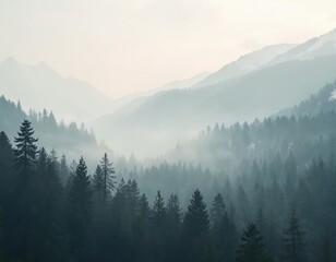 Naklejka na meble Mystical foggy forest landscape. Mountainsides covered by spruces in morning mist. Woodland with evergreen trees, mystery and shadow. Ethereal dark woodland, beauty of nature.
