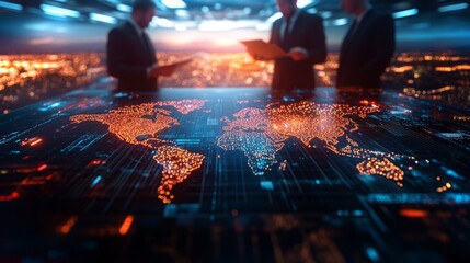 Poster - Business professionals analyzing global data with advanced technology in urban setting at dusk