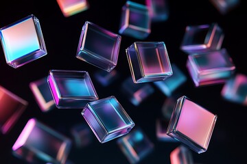 Canvas Print - 3D Glass Squares Floating – Iridescent Transparent Panels on Black Background