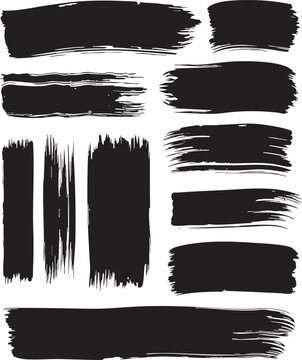 Paint grunge backgrounds, brushstrokes. Black brush strokes, grunge design elements set isolated on a white background. Black oil paint texture, ink swatch, grungy line art