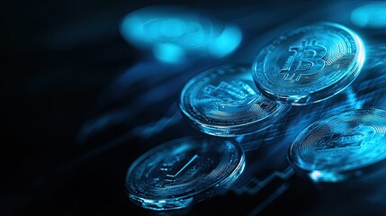 Poster - image of glowing blue money coins over a business diagram graph and chart background