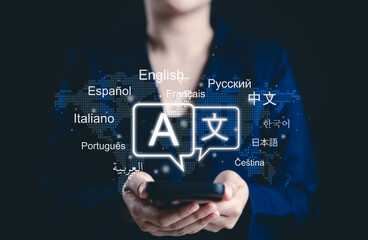multilingual language translation technology concept. woman using smartphone with icons languages, g