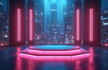 Aufkleber - 3D illustration metal podium with neon lighting. Cyberpunk unreal city with pink blue neon lasers. Empty stage product display background showroom. Geometric electric tech fashion illumination.