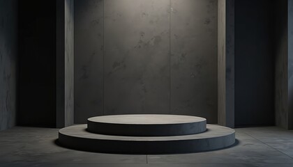 Aufkleber - Two level concrete podium stage for product placement, promotion. Dark studio backdrop, pillar frame. Modern architecture minimalism style background for product presentation, banner mockup template,