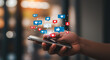 © Patrick - Social media engagement concept, hands holding smartphone with floating like and heart icons, digital marketing and online interaction theme, mobile technology lifestyle