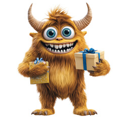 Poster - A furry monster holding a gift box with a playful expression perfect for celebrating special occasions and events isolated on a white background.