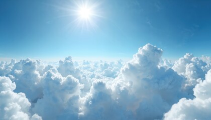 Aufkleber - Panoramic view of fluffy cumulus clouds in clear blue sky. Aerial shot, perfect for 3D graphics, game sky dome, drone view editing, space background with bright sun.