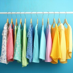 Poster - Colorful assortment of shirts hanging on a clothes rack in a brightly lit fashion store display