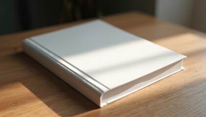 Poster - Closed blank book mock-up on wooden desk. White paper cover offers copy space. For branding, design presentation. Writer, student, author table. Study, business concept. Plain textbook, notebook.