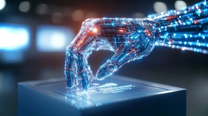 Poster - AI hand engaging with a digital interface in a high-tech setting