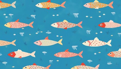 Poster - Repeating pattern of geometric fish on blue background. Colorful design with stylized fish swimming in sea. Vibrant, trendy, chromatic, modern concept with simple overlay, refreshing aquatic
