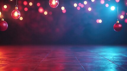 Poster - Brightly colored red and blue christmas light twinkling against a dark winter night background