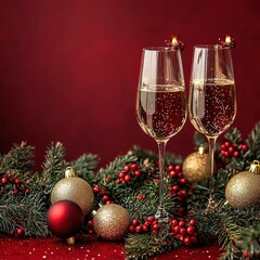 Poster - Two elegant glasses of champagne surrounded by festive christmas decorations for a celebration