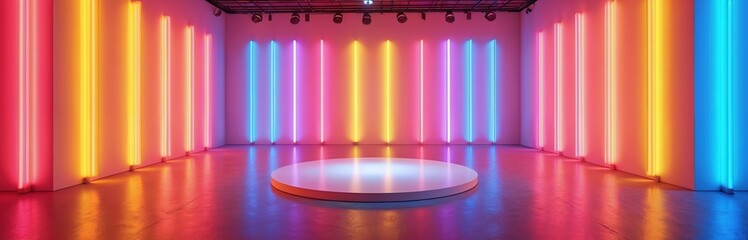 Poster - Showroom interior with neon lights, round dais platform in middle. Empty gallery with colorful illumination on wall for product presentation, advertisement, exhibition. Space for display. Modern
