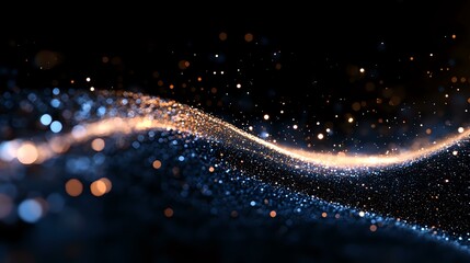 Poster - Glowing wave of golden light particles flowing on dark background with sparkling blue bokeh effect creates magical atmosphere for festive designs.