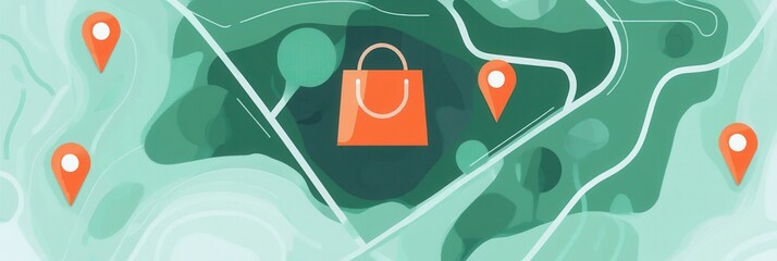 Poster - Elegant delivery route map featuring a grocery bag icon and location pins for a clean user experience design