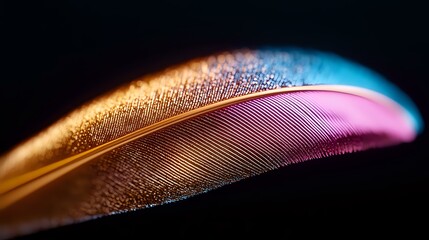 Poster - Macro shot of delicate feather with vibrant gold, pink and blue colors showing detailed texture and barbs in dramatic lighting against dark background.