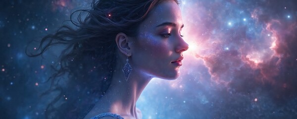 Aufkleber - Surreal digital artwork woman face seamlessly merging into cosmic galaxy backdrop of stars, nebulae. Dreamlike fusion beauty portrait emits ethereal celestial mystical essence, blending human with