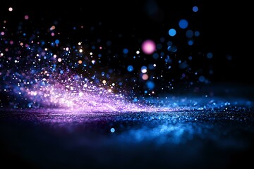 Poster - magical glowing particles in motion with pink and blue light effects against dark background, creati