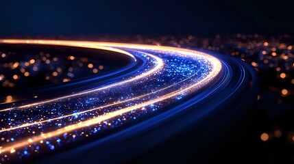 Poster - Long exposure night photography of curved highway with blue and orange light trails from moving vehicles against dark cityscape with bokeh lights.