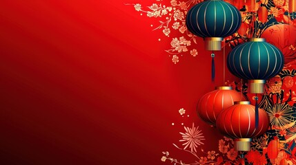 Poster - Vibrant chinese lanterns beautifully arranged against a rich red background for festive occasions