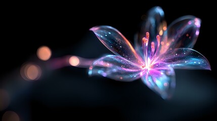 Poster - Magical glowing lily flower with sparkles and cosmic elements on dark background, ethereal petals emitting light and stardust creating dreamy atmosphere.