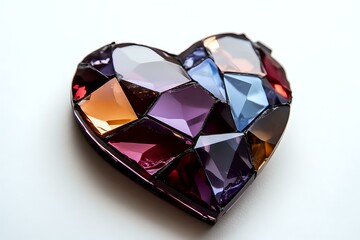Poster - Mosaic heart made of colorful glass fragments in purple, blue, red and amber tones creates romantic decoration on white background, suitable for Valentine's designs.