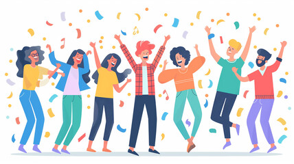 Poster - This Group of friends enjoying a vibrant party filled with joy, dancing, and colorful confetti.