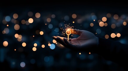 Poster - Magical glowing light sphere floating above open palm against dark background with bokeh lights, creating mystical and ethereal atmosphere.