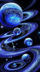 Wall Mural - Cosmic journey through a vibrant blue galaxy with swirling rings and celestial spheres