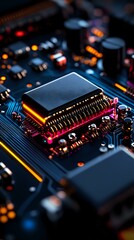Poster - Macro shot of electronic circuit board with microchip processor, glowing orange and pink LED lights creating futuristic technology atmosphere. For tech industry visuals.