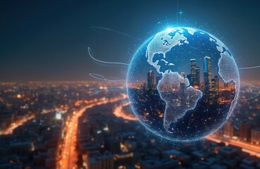Aufkleber - Global network connection, digital business globus, modern data internet information with city skyline. Smart technology spherical web, futuristic network, binary code, tech globe connections