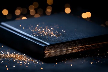 Poster - Magical closed book with golden glitter and bokeh lights scattered across dark surface, creating mystical atmosphere for fantasy and storytelling concepts.