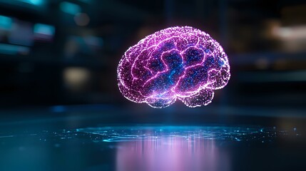 Poster - Glowing purple hologram brain floating over reflective surface with electric neural connections. Futuristic artificial intelligence concept in dark environment.