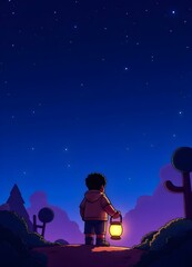 A night sky with sparkling stars and a brave little explorer holding a lantern
