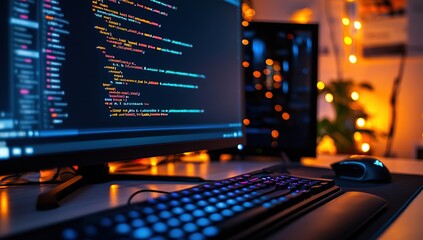 An eye-catching image of a computer screen displaying code, with a keyboard, mouse