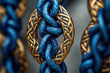 Fototapete - This photo captures a detailed closeup of a blue and gold chain emphasizing its intricate design and colors Binary digits weaving an intricate Celtic knot .