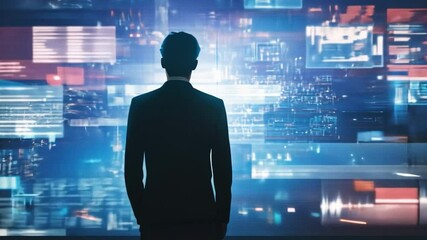 Poster - A Visionary's Perspective: A silhouette of a businessman stands gazing upon a digital landscape, filled with data streams, visualizing innovation and modern business in a tech-driven world. 