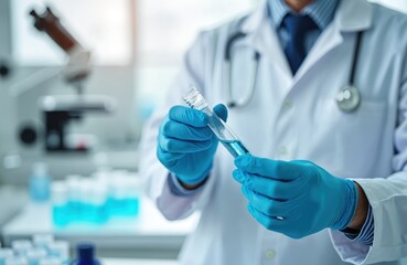 Poster - Scientist in lab coat holds vial with blue liquid. Medical pro in gloves checks chemical mix in science laboratory. Biotechnology research and virus development.