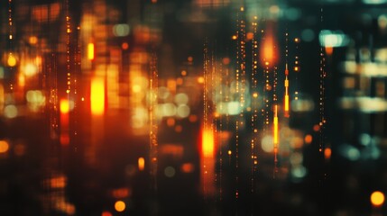 Poster - Abstract glowing big data forex candlestick chart on blurry city backdrop. Trade, technology, investment and analysis concept. Double exposure