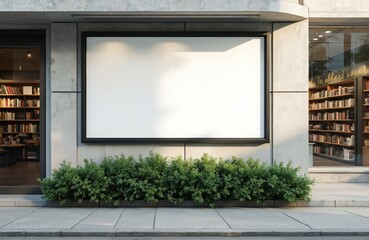 Leinwandbilder - Blank white billboard for advertising, marketing presentations. Located in bookstore, surrounded by green plants. Ideal for optical signage, poster sales, communication strategy, branding mockups,