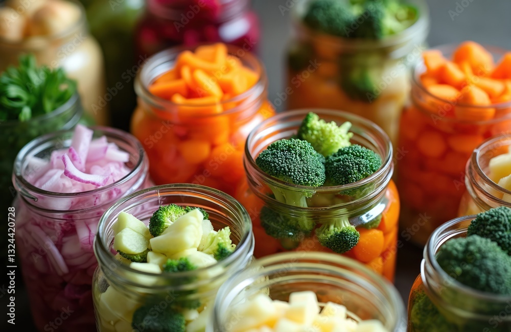 Fermenting various healthy vegetables like carrots, broccoli, onions in ...