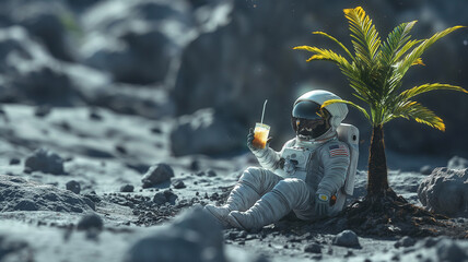 Aufkleber - This Astronaut relaxes beside a palm tree while sipping a beverage on a lunar landscape.