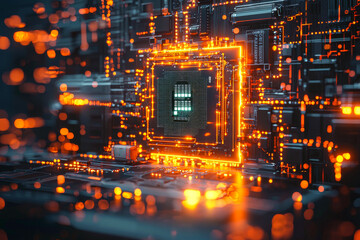 Poster - glowing AI chip with intricate circuits, symbolizing advanced artificial intelligence and futuristic computing. The neon-lit motherboard highlights the power of machine learning and digital innovation