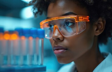Poster - Young woman gazes at test tubes in laboratory. Orange light reflects on safety glasses. Female researcher focuses on science experiment, pharmaceutical, biotech, modern tech, healthcare. Intense