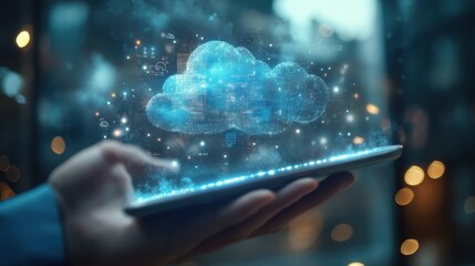 Smart city concept with real skyscrapers layout with glowing digital cloud technology icons on digital tablet screen that carrying businessman hand on blurry megapolis city background