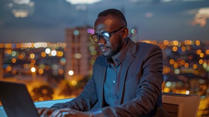 Poster - Freelancer works late at a cafe with a laptop in a vibrant city skyline during twilight hours