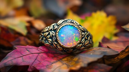 Poster - Stunning opal ring rests on vibrant autumn leaves. A captivating image showcasing the beauty of nature and jewelry. Luxury and expensive items. Opal Ring on Autumn Leaves Jewel Amongst Nature's Beauty