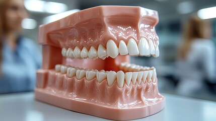 A dentist, using a jaw model, shows patients proper brushing technique in a close-up.