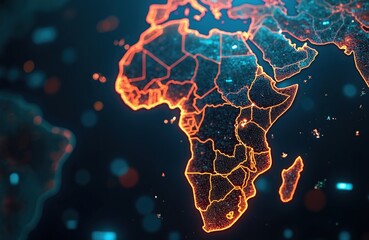Poster - africa network map with glowing connected nodes on dark theme background. visualization continent ou